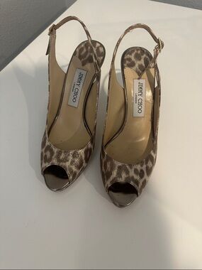 Jimmy Choo Brown Beige Leopard-Print Peep-Toe Slingback Heels with gold heels